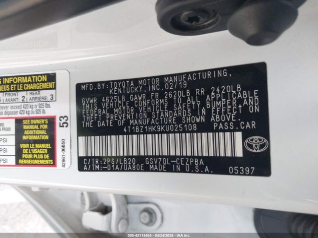 4T1BZ1HK9KU025108 Toyota Camry Xse V6