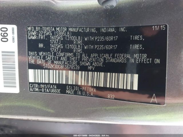 5TDZK3DC8FS678539 Toyota Sienna L 7 Passenger