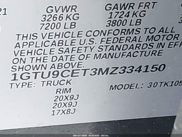 1GTU9CET3MZ334150 GMC Sierra 1500 4wd  Short Box Elevation