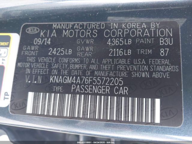 KNAGM4A76F5572205 KIA Optima Lx