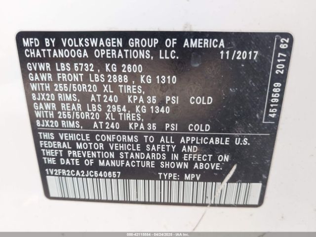 1V2FR2CA2JC540657 Volkswagen Atlas 3.6l V6 Se W/technology