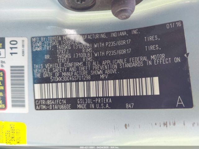 5TDKK3DC4GS701298 Toyota Sienna Le 8 Passenger