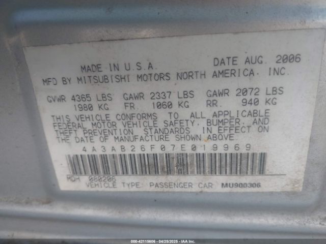 2007 MITSUBISHI GALANT 4A3AB26F07E019969 Photo 8
