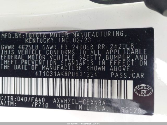 4T1C31AK8PU611354 Toyota Camry Le Hybrid