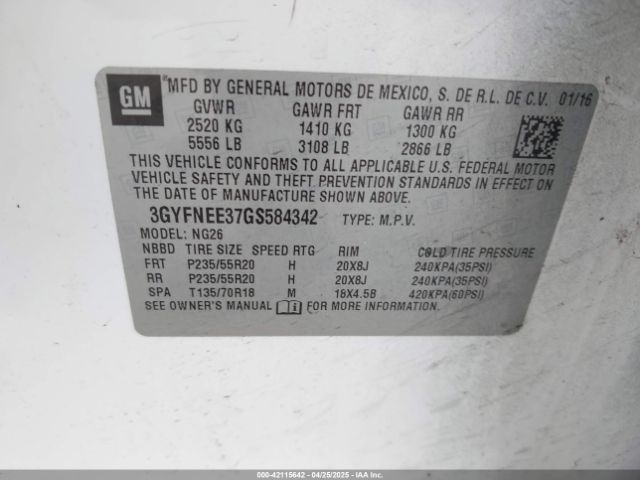 3GYFNEE37GS584342 Cadillac Srx Luxury Collection