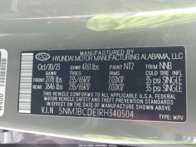5NMJBCDE1RH340504 Hyundai TUCSON SEL