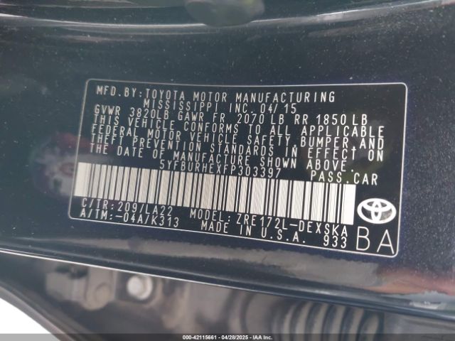 5YFBURHEXFP303397 Toyota Corolla S Premium