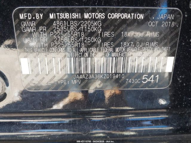 JA4AZ3A36KZ019410 Mitsubishi Outlander Se