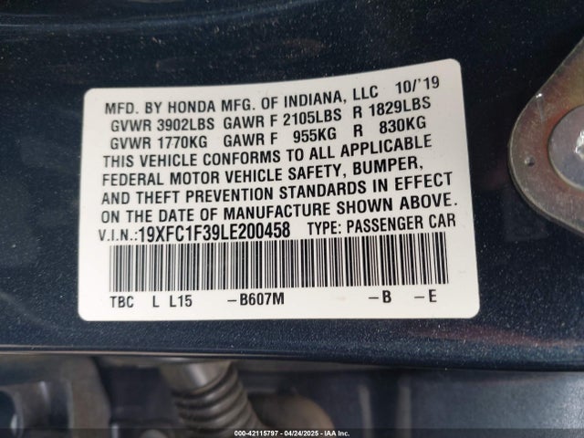 19XFC1F39LE200458 Honda CIVIC EX