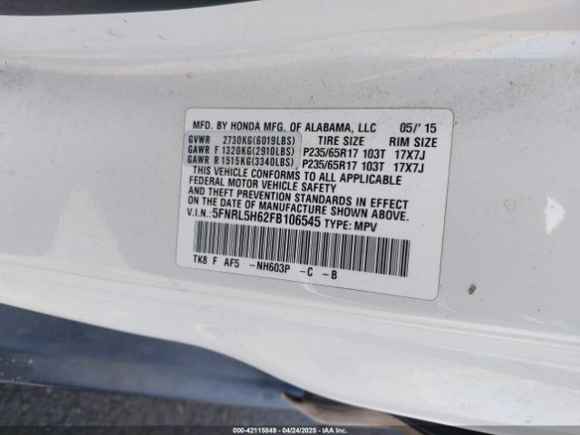 5FNRL5H62FB106545 Honda Odyssey Ex-l