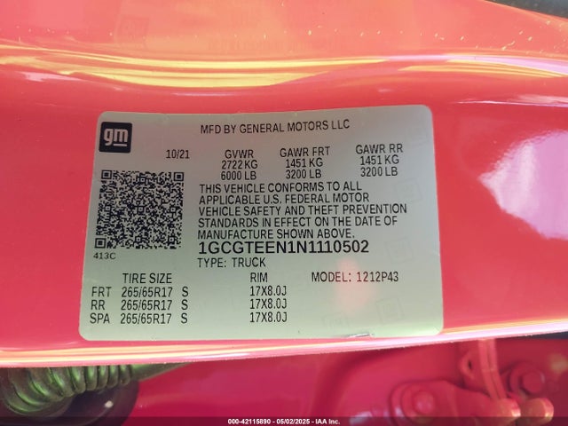 1GCGTEEN1N1110502 Chevrolet Colorado 4wd  Short Box Zr2