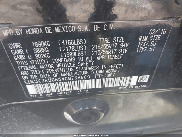 3CZRU6H54GM738609 Honda HR-V EX
