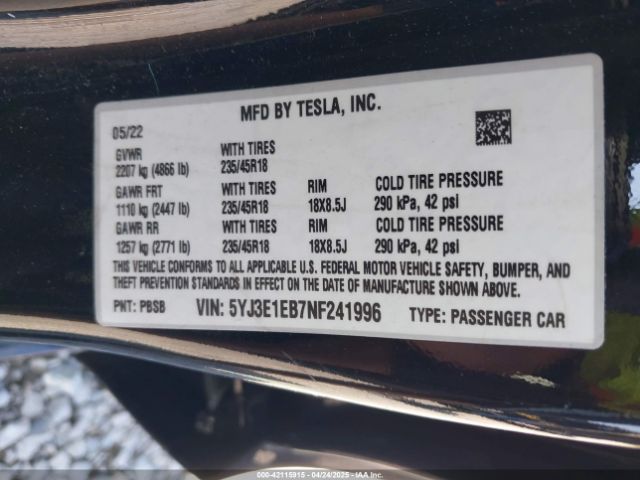 5YJ3E1EB7NF241996 Tesla Model 3 Long Range Dual Motor All-wheel Drive