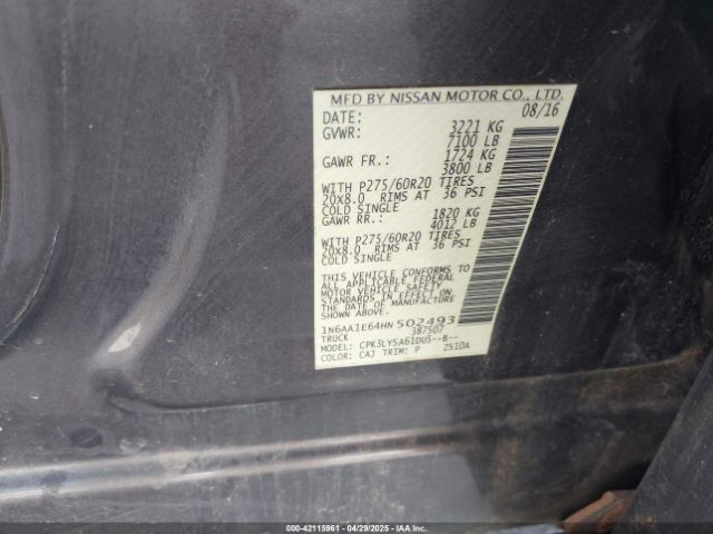 1N6AA1E64HN502493 Nissan Titan Platinum Reserve