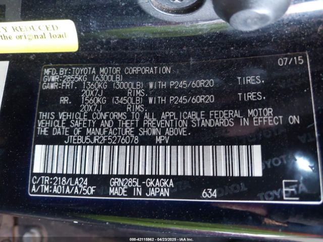 2015 TOYOTA 4RUNNER JTEBU5JR2F5276078 Photo 8