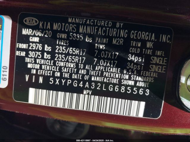 5XYPG4A32LG685563 KIA Sorento 2.4l Lx