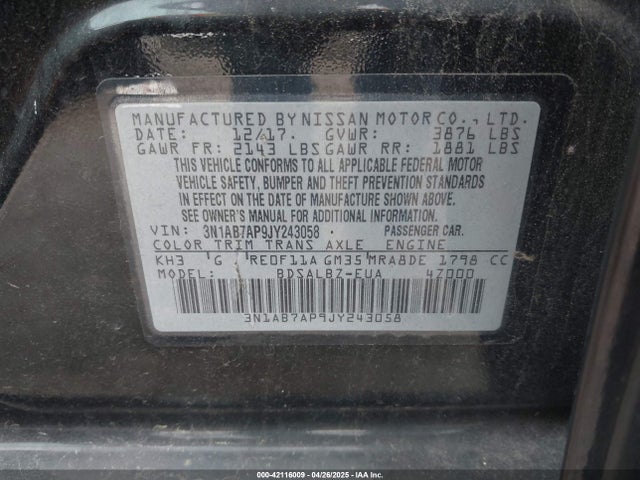 3N1AB7AP9JY243058 Nissan SENTRA S