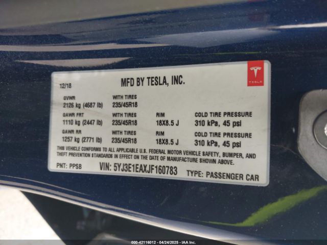 5YJ3E1EAXJF160783 Tesla Model 3 Long Range/mid Range