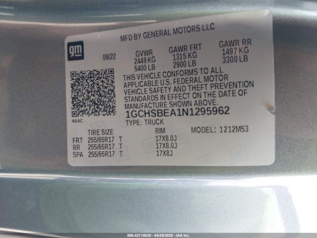 1GCHSBEA1N1295962 Chevrolet Colorado 2wd  Long Box Wt