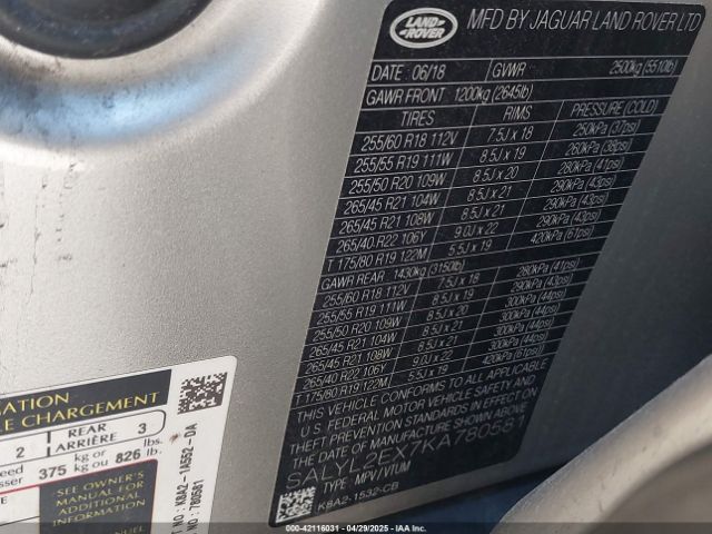 SALYL2EX7KA780581 Land Rover Range Rover Velar P250 R-dynamic Se