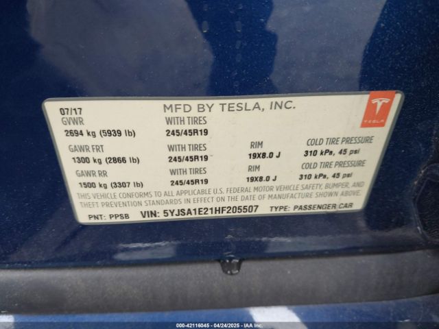 5YJSA1E21HF205507 Tesla Model S 100d/60d/75d/90d/p100d