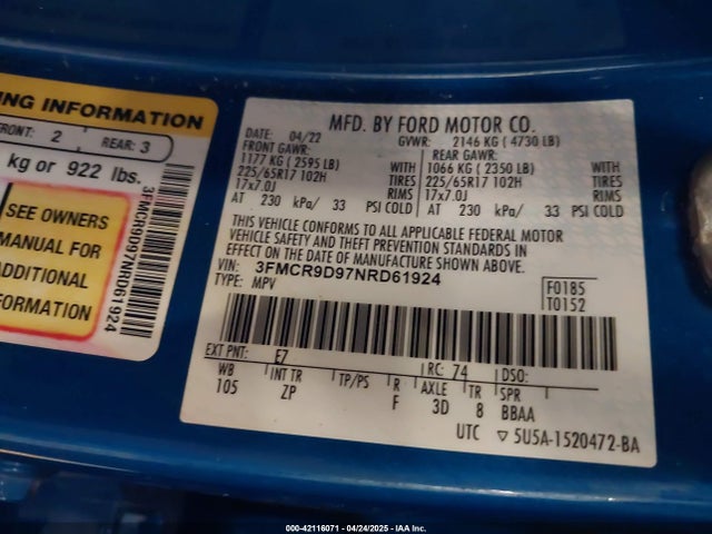 Ford Bronco Sport Badlands 2022 3FMCR9D97NRD61924 Image 9