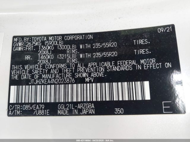 JTJHZKEA4N2023876 Lexus Rx 350l
