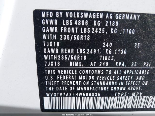 WVGTV7AX5HW506835 Volkswagen Tiguan 2.0t Sport