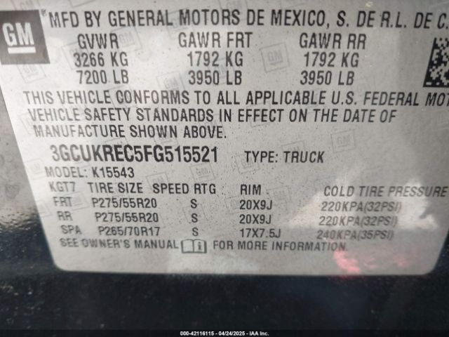 3GCUKREC5FG515521 Chevrolet Silverado 1500 1lt