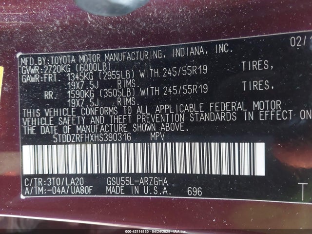 5TDDZRFHXHS390316 Toyota Highlander Limited
