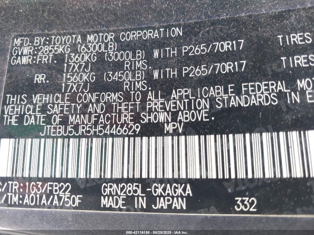 JTEBU5JR5H5446629 Toyota 1gr-fe