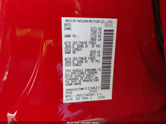 1N6AA1EF1MN519827 Nissan Titan Sv 4x2