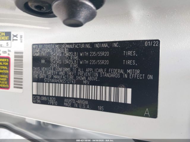 5TDYARAH0NS512743 Toyota Highlander Hybrid Limited