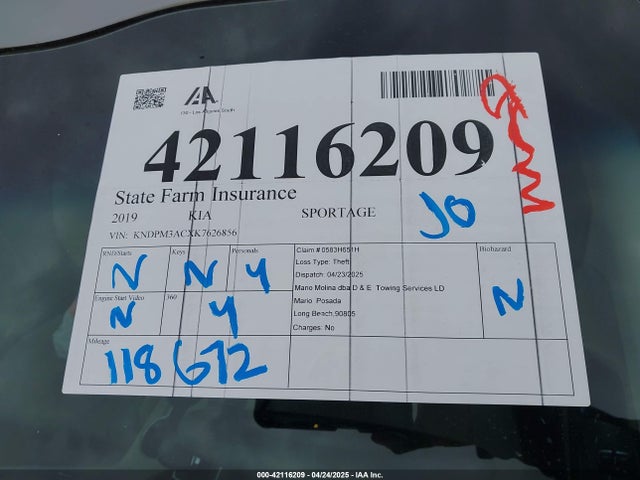 KNDPM3ACXK7626856 KIA Sportage Lx