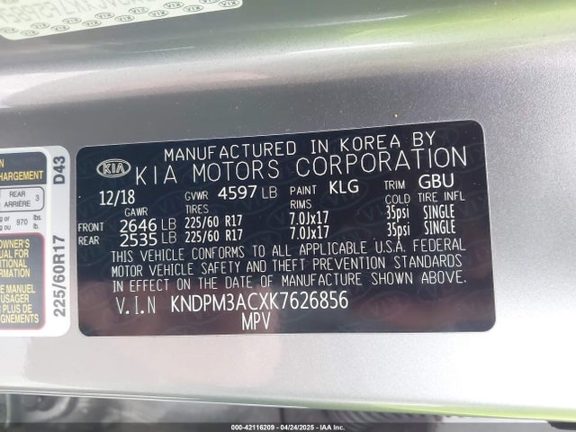 KNDPM3ACXK7626856 KIA Sportage Lx