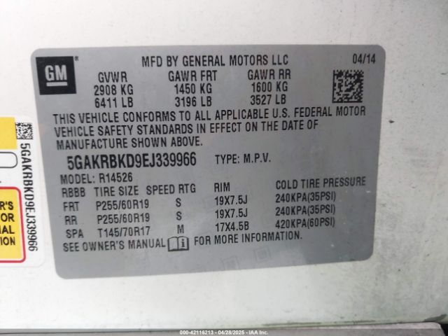 5GAKRBKD9EJ339966 Buick Enclave Leather