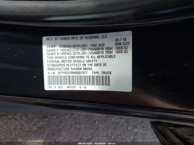 5FPYK3F89KB001977 Honda Ridgeline Black Edition