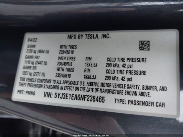 5YJ3E1EA6NF238465 Tesla MODEL 3