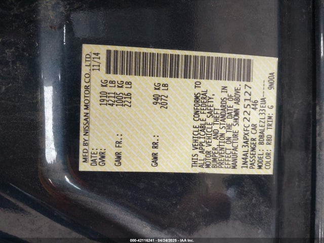 1N4AL3APXFC225127 Nissan Altima 2.5/2.5 S/2.5 Sl/2.5 Sv