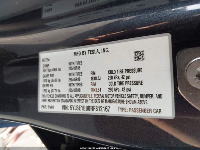 5YJ3E1EB0RF812167 Tesla Model 3 Long Range Dual Motor All-wheel Drive