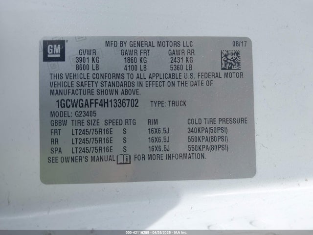 1GCWGAFF4H1336702 Chevrolet Express 2500 Work Van