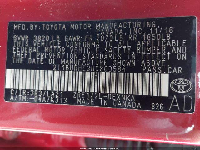 2T1BURHE3HC800584 Toyota Corolla Xle