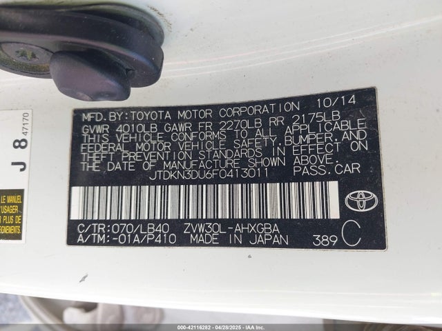 Продаж на аукціоні авто 2015 Toyota Prius Four, vin: JTDKN3DU6F0413011, номер лоту: 42116282