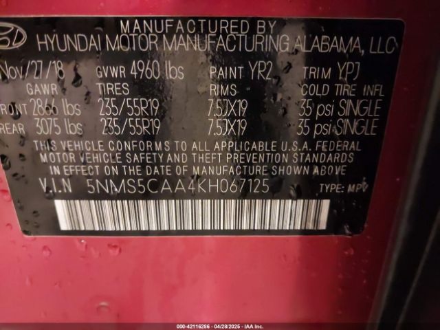 5NMS5CAA4KH067125 Hyundai Santa Fe Ultimate 2.0t