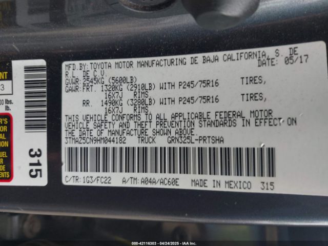 3TMAZ5CN9HM044182 Toyota Tacoma Sr5 V6