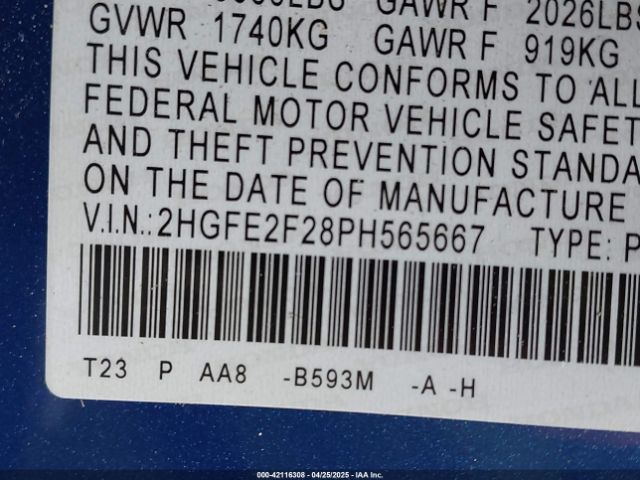 2HGFE2F28PH565667 Honda Civic Lx