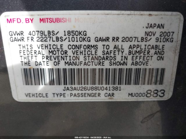 2008 MITSUBISHI LANCER JA3AU26U88U041381 Photo 8