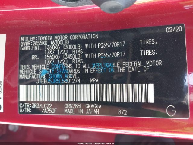 JTEBU5JR5L5801274 Toyota 4runner Trd Off Road Premium