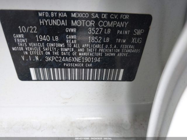 3KPC24A6XNE190194 Hyundai Accent Sel