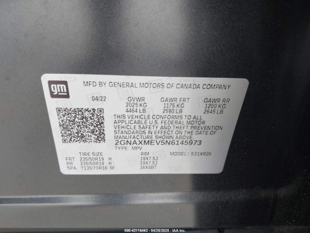 2GNAXMEV5N6145973 Chevrolet Equinox Fwd Rs